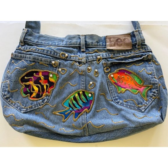 Lee Jeans Up Cycled Boho Purse Pearl Studs Gold Trim Fish Pockets Catch Closure - Picture 8 of 13